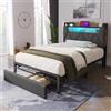 Rtopsu Letto Imbottito Letto Singolo 90x200 cm con Illuminazione LED e USB Type C, Letti per Bambini con Contenitore Testata e Cassetti, Letti per Ragazzi con Metallo Doghe, Grigio, Senza Materasso
