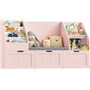 FOREHILL Libreria Montessoriana per Bambini, Porta Giochi Bambini con Cuscini, Libreria Panca a 4 Ripiani, Mobile Porta Giochi a 3 Cassetti con Ruote, per Cameretta, Studio, 140x39.5x80 cm (Rosa)