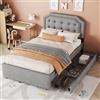 Moimhear Letto piatto, 90 x 200 cm, letto imbottito, cuscino comodino con borchie decorative, cassetti doppi (grigio)
