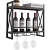 KOMFOTTEU Scaffale per vino da parete, scaffale per bottiglie in legno con telaio metallico, scaffale decorativo da parete con portabicchieri per bicchieri, portabottiglie per bar, cucina, soggiorno