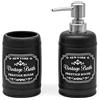 Inbagno Set Accessori Bagno in Ceramica Nera con Stampe a Contrasto Bianche, Stile Vintage, Completo di Dispenser Sapone e portaspazzolini