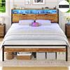 Brinlawb Struttura Letto 160x200cm con testiera, Letto Matrimoniale con Luce LED e Stazione di Ricarica (2 prese CA, 1 presa USB, 1 presa Type-C) Robusta Struttura Metallica del Letto, Marrone Vintage