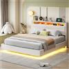 Moimhear Letto imbottito 160x200cm, rete idraulica flottante con contenitore, letto imbottito multifunzionale con presa USB e luce LED, testiera reversibile, lino, beige