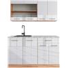 Vicco Cucina monoblocco R-Line, Bianco lucido/oro power oak, 140 cm, PL Marmo, adatto per installazione autoportante o vicino alla parete