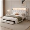 HYTKKBD Letto Imbottito 140 x 200 cm, Letto Matrimoniale con LED e Porta USB, Struttura per Letto con 2 Cassetti Contenitore e Scaffale, Rete a Doghe, Senza Materasso (Velluto bianco)