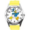 Taport® Orologio analogico al quarzo con cinturino in vera pelle giallo rotondo per fan di Paperino