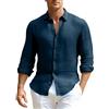 FNKDOR Camicia in lino da uomo a maniche lunghe, casual, slim fit, bottoni, risvolti, in lino, per il tempo libero, Blu marino, M