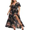Generic Abito da donna con scollo a V, a maniche corte, a vita alta, con motivo floreale, casual, maxi abito lungo con balze, per il tempo libero, estivo, per la spiaggia, maxi abito floreale, Nero , L