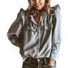 LIUYUYOUGO Camicia Donna Camicia da Donna in Denim con Bottoni A Pressione Maniche Lunghe Stile Western con Volant Colletto Alto Babydoll in Denim Camicette Grigie Jeans Strappati Tunica Top Autunno