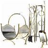 DIXIE STORE Dixiestore Set per caminetto Bidone di legno Pala Prowler Scopa Pinza + Supporto Metallo solido Elegante Design Vintage 65x50x40 cm 4,5 kg Oro