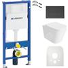 Lavita Duofix Basic Elemento a parete + WC a parete Maio Bianco Senza bordo di risciacquo + Sedile WC + Placca di comando Delta 25 Pulsante Nero Set Completo Cassetta di Risciacquo da Incasso Toilette
