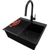 PRIMAGRAN Lavandino da Cucina Tutto Nero 58x50cm, Lavello in Granito a 1 vasca + Rubinetto 40x20cm + Set di accessori, Lavabo da Cucina Incasso al Mobile 60cm - Riga S393