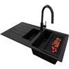 PRIMAGRAN Lavandino da Cucina Tutto Nero 90x50cm, Lavello in Granito a 1,5 vasche + Rubinetto 40x20cm + Set di accessori, Lavabo da Cucina Incasso al Mobile 60cm - Copenhagen Duo S077