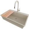 PRIMAGRAN Lavandino da Cucina Tutto Beige 78x50cm, Lavello in Granito a 1 vasca + Rubinetto 40x20cm + Set di accessori, Lavabo da Cucina Incasso al Mobile 80cm - Riga S454