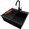 PRIMAGRAN Lavandino da Cucina Tutto Nero 58x50cm, Lavello in Granito a 1 vasca + Rubinetto 32x20cm + Set di accessori, Lavabo da Cucina Incasso al Mobile 60cm - Riga S392