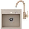 VBChome - Set Lavello da Cucina in Granito 50 x 47 cm Beige + Miscelatore Cucina Beige | Resistente ai Graffi e alle Alte Temperature | Completo di Scarico, Sifone Manuale e Piletta | Design Moderno
