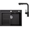 Sofetiy - Lavello da incasso in granito nero, 60 x 45 cm, con rubinetto da cucina nero, allungabile, 2 tipi di getto, in granito, rettangolare, lavello da cucina con rubinetto, set completo
