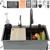 Generic 80x50cm Lavandino Cucina Cascata, Lavello Cucina, 1 Vasche In Acciaio Inox Nero, Con Rubinetti Estraibili Dispenser Sapone E Tagliere E Scolapiatti E Scarico