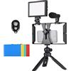 Andoer Smartphone Video Rig Kit Smartphone Rig con morsetto per telefono, luce video LED USB, 5 filtri a colori, microfono, treppiedi da tavolo, scatto remoto per registrazioni video vlog Live