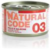 Generico Natural Code Umido Gatto Adult gusto POLLO e SALMONE, Numero 03, alimento completo in SFILACCETTI per gatti adulti di tutte le taglie, altamente digeribile | 12 scatolette da 85 grammi l'una.