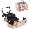 GIANTEX Scatola Trucchi Professionale, Valigetta per Parrucchiera, con Specchio, Beauty Case in ABS e Alluminio, Valigetta per Cosmetici Pieghevole e Portatile, 23 x 15 x 18 cm (oro rosa)