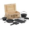BBQ-TORO Dutch Oven Set in Scatola di Legno | ghisa - già Cotto | Ferro per cialde, casseruola, Padella per grigliate, Piastra per grigliate, griglia impilabile, sottopentola (10 Pezzi)