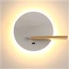 OOWOKS Lampada parete moderna tonda LED con interruttore 9W Lampada notte per cameretta con connessione di ricarica USB Lampada parete in metallo Mensola in legno con paralume in acrilico Lampada spot parete