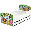leomark Letto per bambini in legno, cassetto e materasso, rete a doghe, mobili per bambino, magnifiche stampe, dimensioni del materasso 140 x 70 cm, colore bianco con motivo: GIUNGLA