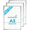 PHOTOLINI Cornici A3 30x42 cm argento legno MDF, set di 3 cornici per poster, plexiglass infrangibile, da parete, accessori extra inclusi - per foto, immagini e poster