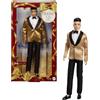Barbie Signature 2025 Holiday Black Hair Ken Bambola da collezione alla moda che indossa abito completo con giacca dorata in confezione visualizzabile e supporto per bambole