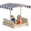 Outsunny Sabbiera per Bambini in Legno con Tettuccio Parasole, Panca e Coperchio, 106x106x115cm Bianco e Blu