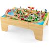 GYMAX Tavolo e Set Ferrovia in Legno, Set Gioco Colorato da 80/84 Pezzi con Piano Reversibile, Cassetto, Binari, Treni, Figure, Macchinine, Tavolo Giocattolo Educativo per Bambini 3 Anni+ (Stile 1)