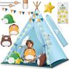 KIDIZ® Tipi - Tenda da gioco per bambini, 100 x 100 x 160 cm, in cotone con catena luminosa a LED, stella luminosa, ghirlande di bandiera, 3 animali di peluche, tappetino e borsa per il trasporto, per