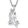 Richsteel Ice Out The Hand of Prayer - Collana con ciondolo a forma di croce con catena di grano, placcata in platino/oro, con zirconia cubica e placcato Platino