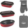 STONELINE Set da cucina 5 pezzi pirofila in vetro borosilicato antiaderente con vere particelle di pietra rettangolari e ovali, guanti da forno presine in cotone lavabile antiscivolo grigio