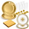 OH YEAH - Kit stoviglie Natale 6 persone - Piatti, Bicchieri e Tovaglioli usa e getta - A tema natalizio - Cene natalizie, Riunioni di famiglia e feste di fine anno (Jacquard Oro)