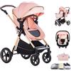 Shineey Passeggino trio,Carrellino per Bebè città 22kg con sedili,Passeggino pieghevole con vista alta,Buggy combinato pneumatici in gomma e vagone per bebè in alluminio (D2PINK, H2-D)