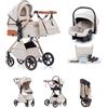Kakbgee Passeggino 3 in 1 con Seggiolino Auto, Carrozzina Piegevole, 7-Altezza Regolabile, Sospensione 4 Ruote, Copripioggia e Zanzariera, Baby Stroller per Neonati 0-3 Anni (15kg), Beige