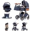 Kakbgee Passeggino 3 in 1 con Seggiolino Auto, 7-Altezza Regolabilea | Carrozzina Piegevole, Sospensione 4 Ruote, Copripioggia e Zanzariera, Baby Stroller per Neonati 0-3 Anni (15kg), Blu