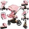 Sianldcone Pelle PU Passeggino 3 in 1 Trio Neonati, 360° Sedile Girevole Carrozzina per Neonato, Visione Aperta Passegginos Trolley, Spinta Bidirezionale Passeggino Reversibile (906 Pink)