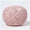 HOMESCAPES Pouf alto 35 cm rosa cipria macramè lavorato a maglia, imbottito all'uncinetto, poggiapiedi rotondo, 100% cotone, design intrecciato, 35 x 40 cm