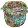 DK Homewares Ottomane Pouf Rotondo Indiano Sgabello Patchwork Verde Ricamato Pouf in Cotone Ricamato Pouf Decorativo Poggiapiedi | (16x16x13 Pollici / 40 cm) | Solo Copertura