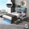 Wyibwy Letto imbottito 90 x 200 cm,letto singolo con connessione USB (supporta la ricarica wireless e via cavo)，Letto con illuminazione a LED e 4 cassetti portaoggetti, Materiale PU,Grigio