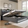 Wyibwy Letto matrimoniale imbottito, 140x200 cm, con 2 porte USB e illuminazione a LED, struttura del letto con funzione di contenitore idraulico, rivestimento in lino, grigio (senza materasso)