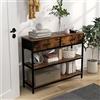 GYMAX Tavolo Consolle per Soggiorno, Tavolo d'Ingresso a 3 Livelli con 2 Cassetti in Tessuto Pieghevole, Consolle in Stile Industriale per Corridoio, 100 x 30 x 80 cm, Marrone Rustico