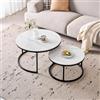 GrandCA HOME Tavolini da Caffè Rotondi Impilabili, Set di 2 Tavolini da Soggiorno Moderni con Struttura in Metallo Nero, Tavolini Laterali in Pietra Sinterizzata in Marmo Bianco da 60 cm e 80 cm