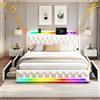 XMFFPM 140x200 cm Beige Velluto Letto con Altoparlante Bluetooth | 4 cassetti portaoggetti, illuminazione LED, porte di ricarica USB/Type-C, letto imbottito, doghe in legno
