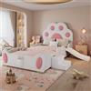 Soweiz Lettino per bambini 90 x 200 cm, letto singolo, testiera a forma di un cartone animato - zampa di gatto, con uno scivolo per bambini e una scala a due livelli, superficie in poliuretano, bianco + rosa