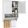 LIFEZEAL Pensile a Muro, Armadietto da Bagno a 2 Ante, Mobiletto da Bagno a 3 Ripiani, Armadietto da Parete, in Legno, con Portasciugamani, Salvaspazio, Regolabile, Max 30kg, 60x22x75 cm (bianco)