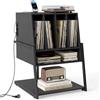 COSTWAY Supporto per Giradischi, Mobile Porta Giradischi con 4 Scomparti e Ripiani Aperti, Scaffale per Dischi in Legno con Ruote e Piedini Regolabili (Nero, Con Presa di Corrente)